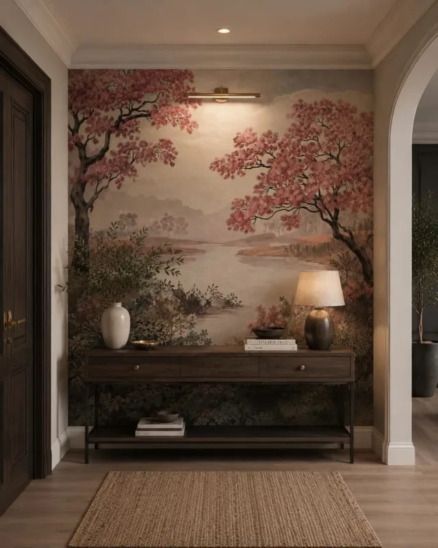 Pembe Sakura Ağaçlı Göl Manzaralı Duvar Kağıdı